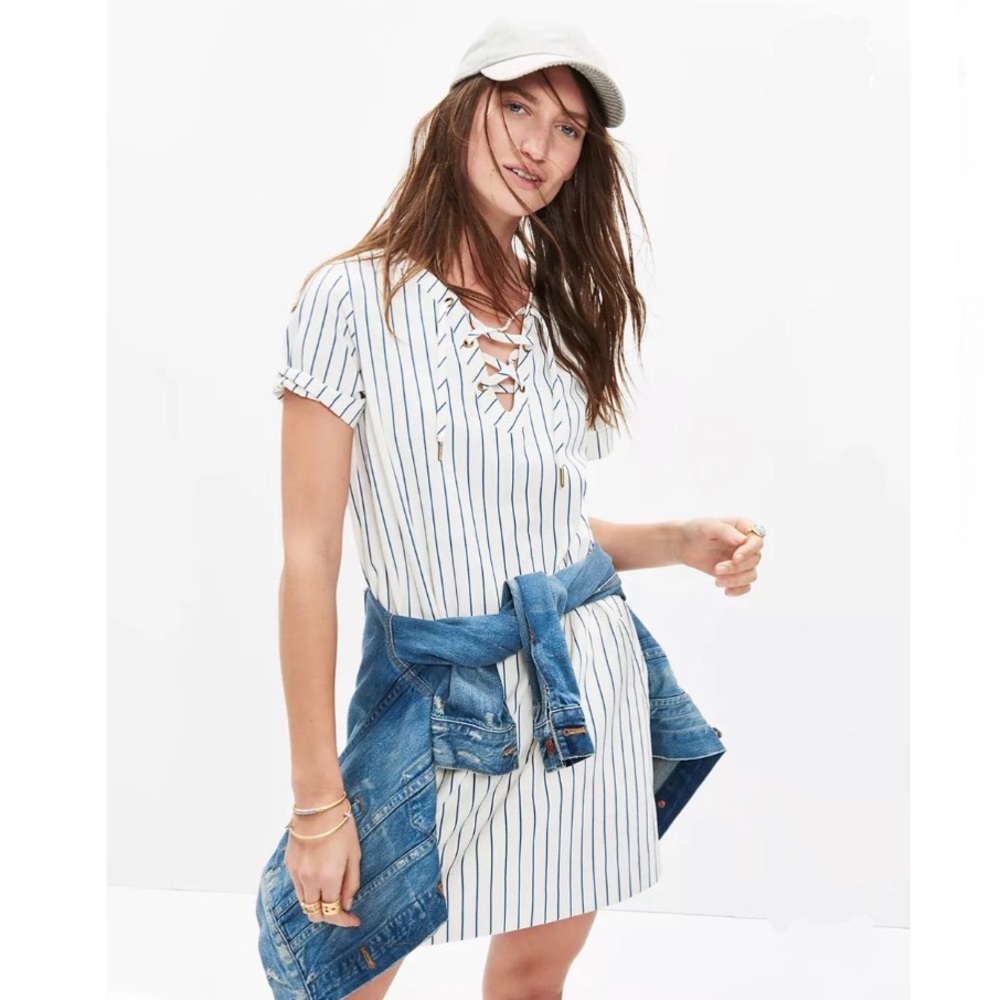 Madewell Harbor Lace-Up Striped Shift Dress Size S - Picture 3 of 9